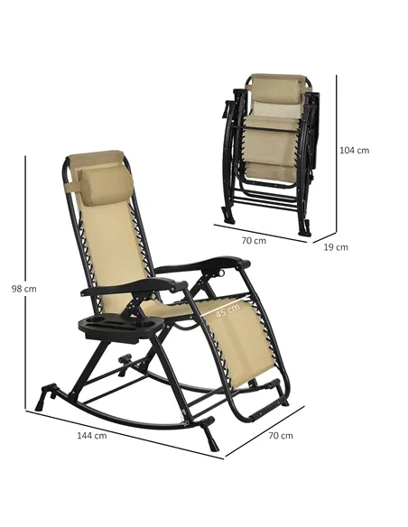 Outsunny Garden Rocking Chair Folding Recliner Outdoor Adjustable Sun Lounger Rocker Zero-Gravity Seat with Headrest Side Holder