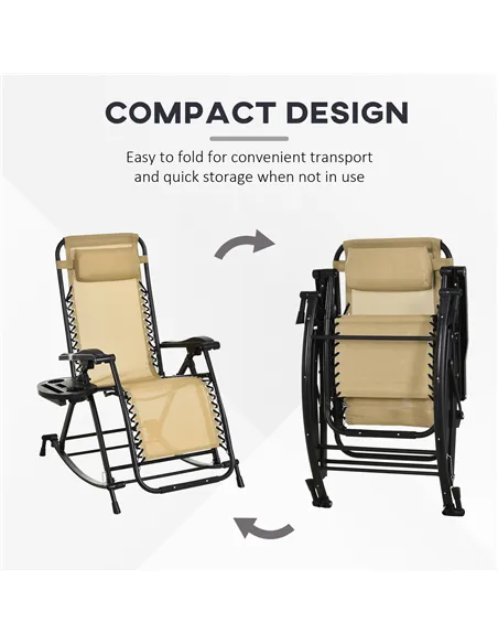 Outsunny Garden Rocking Chair Folding Recliner Outdoor Adjustable Sun Lounger Rocker Zero-Gravity Seat with Headrest Side Holder