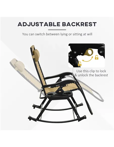 Outsunny Garden Rocking Chair Folding Recliner Outdoor Adjustable Sun Lounger Rocker Zero-Gravity Seat with Headrest Side Holder
