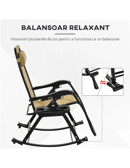 Outsunny Garden Rocking Chair Folding Recliner Outdoor Adjustable Sun Lounger Rocker Zero-Gravity Seat with Headrest Side Holder