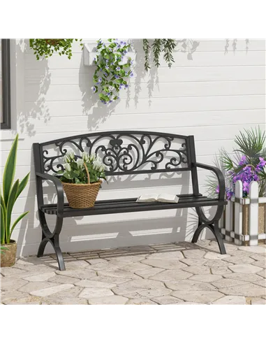Outsunny 127L x 60W x 85H cm Powder Coated Garden Bench for Patio Backyard, Steel-Black