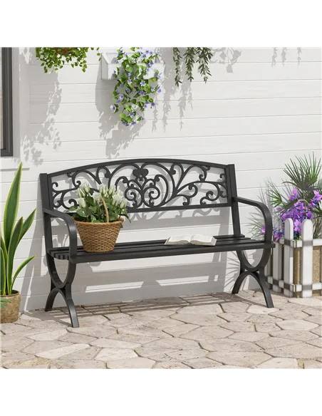 Outsunny 127L x 60W x 85H cm Powder Coated Garden Bench for Patio Backyard, Steel-Black