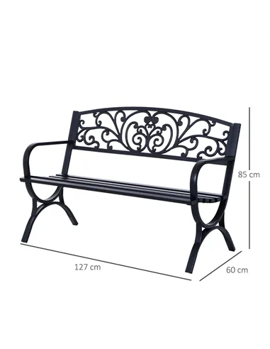 Outsunny 127L x 60W x 85H cm Powder Coated Garden Bench for Patio Backyard, Steel-Black