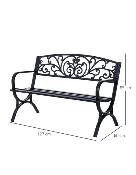 Outsunny 127L x 60W x 85H cm Powder Coated Garden Bench for Patio Backyard, Steel-Black