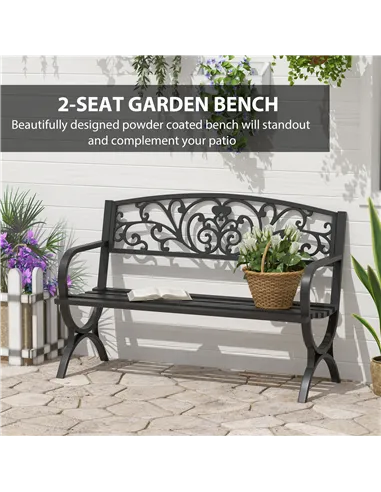 Outsunny 127L x 60W x 85H cm Powder Coated Garden Bench for Patio Backyard, Steel-Black