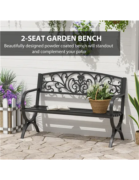 Outsunny 127L x 60W x 85H cm Powder Coated Garden Bench for Patio Backyard, Steel-Black