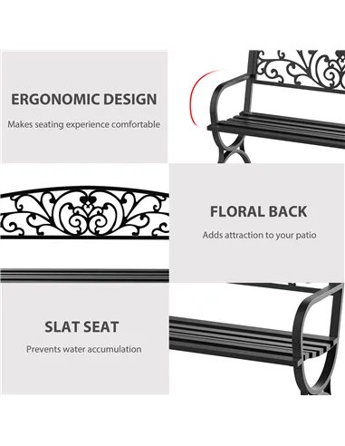 Outsunny 127L x 60W x 85H cm Powder Coated Garden Bench for Patio Backyard, Steel-Black