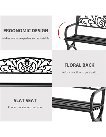 Outsunny 127L x 60W x 85H cm Powder Coated Garden Bench for Patio Backyard, Steel-Black