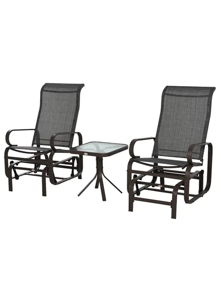 Outsunny 3 Pieces Garden Gliding Chair Set, Metal Frame 2 Single Armchair Swing Seater and 1 Glass Top Coffee Table w/ Breath Me