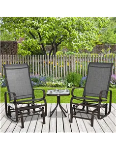 Outsunny 3 Pieces Garden Gliding Chair Set, Metal Frame 2 Single Armchair Swing Seater and 1 Glass Top Coffee Table w/ Breath Me 2