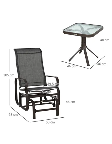 Outsunny 3 Pieces Garden Gliding Chair Set, Metal Frame 2 Single Armchair Swing Seater and 1 Glass Top Coffee Table w/ Breath Me