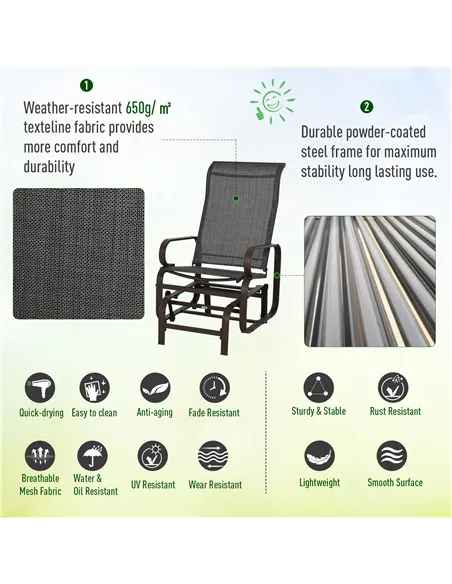 Outsunny 3 Pieces Garden Gliding Chair Set, Metal Frame 2 Single Armchair Swing Seater and 1 Glass Top Coffee Table w/ Breath Me
