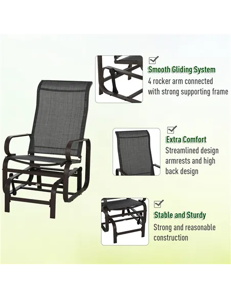 Outsunny 3 Pieces Garden Gliding Chair Set, Metal Frame 2 Single Armchair Swing Seater and 1 Glass Top Coffee Table w/ Breath Me