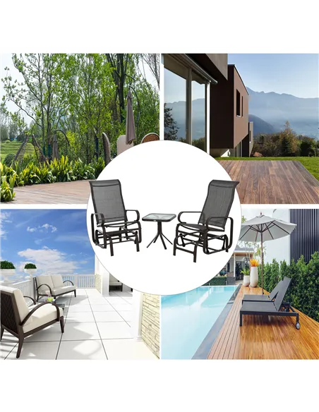 Outsunny 3 Pieces Garden Gliding Chair Set, Metal Frame 2 Single Armchair Swing Seater and 1 Glass Top Coffee Table w/ Breath Me