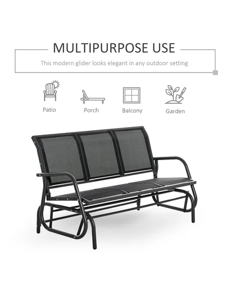 Outsunny 3-Seat Glider Rocking Chair for 3 People Garden Bench Patio Furniture Metal Frame, Black