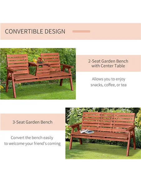 Outsunny Fir Wood Convertible 2 to 3 Seater Outdoor Garden Bench Wood Tone
