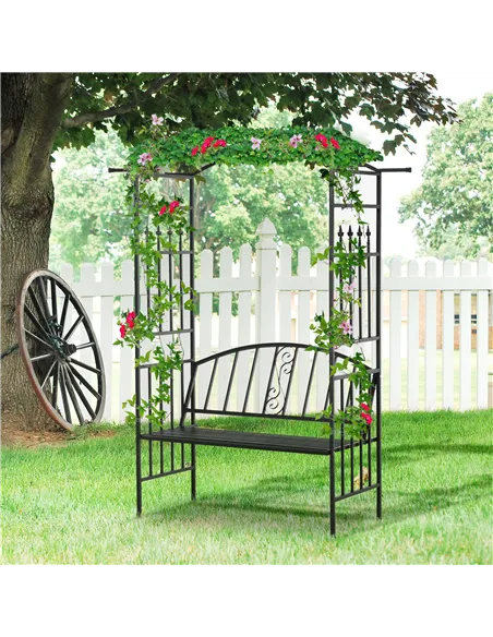 Outsunny Steel Frame Outdoor Garden Arch w/ 2-Seater Bench Black