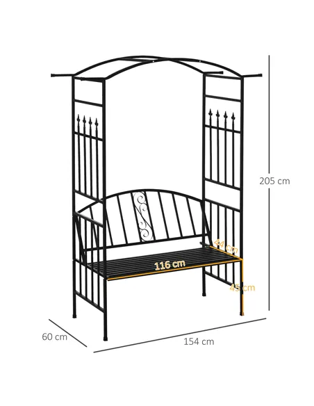 Outsunny Steel Frame Outdoor Garden Arch w/ 2-Seater Bench Black