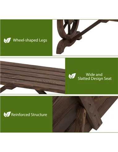 Outsunny Garden Rustic Wooden Bench Wheel-Shaped Legs Slatted Seat Stable Reinforced Structure Outdoor Patio Garden 2-Person Ben