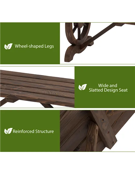 Outsunny Garden Rustic Wooden Bench Wheel-Shaped Legs Slatted Seat Stable Reinforced Structure Outdoor Patio Garden 2-Person Ben