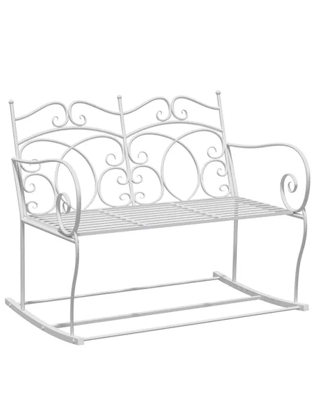 Outsunny Patio 2 Seater Rocking Bench Steel Garden Outdoor Garden Loveseat Chair w/ Decorative Backrest White