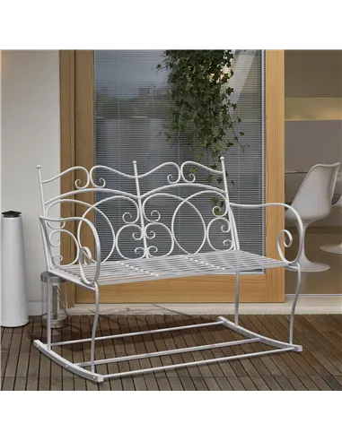 Outsunny Patio 2 Seater Rocking Bench Steel Garden Outdoor Garden Loveseat Chair w/ Decorative Backrest White