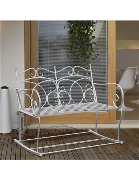 Outsunny Patio 2 Seater Rocking Bench Steel Garden Outdoor Garden Loveseat Chair w/ Decorative Backrest White