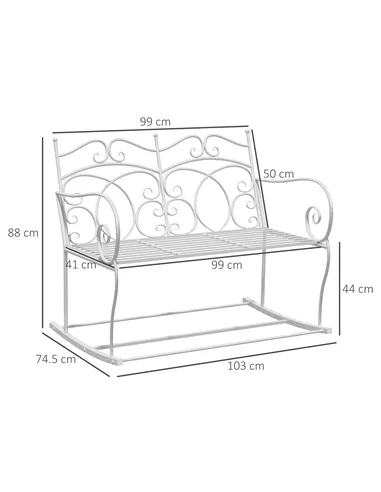Outsunny Patio 2 Seater Rocking Bench Steel Garden Outdoor Garden Loveseat Chair w/ Decorative Backrest White