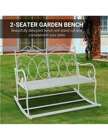 Outsunny Patio 2 Seater Rocking Bench Steel Garden Outdoor Garden Loveseat Chair w/ Decorative Backrest White