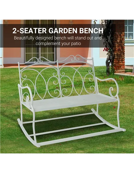 Outsunny Patio 2 Seater Rocking Bench Steel Garden Outdoor Garden Loveseat Chair w/ Decorative Backrest White