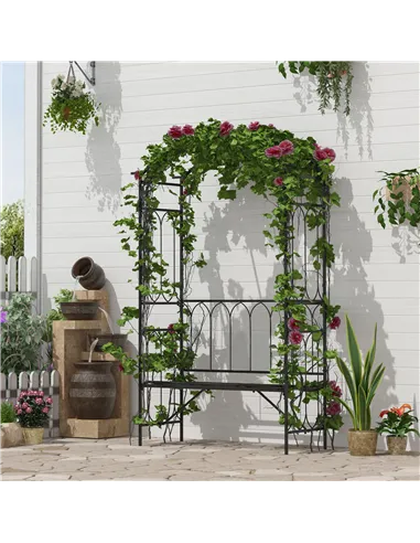 Outsunny Garden Metal Frame Bench W/Arch for Various Climbing Plant, 115Lx50Wx203H cm-Black