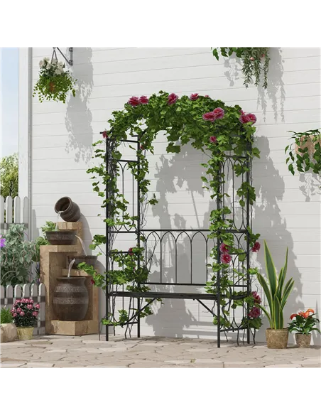 Outsunny Garden Metal Frame Bench W/Arch for Various Climbing Plant, 115Lx50Wx203H cm-Black