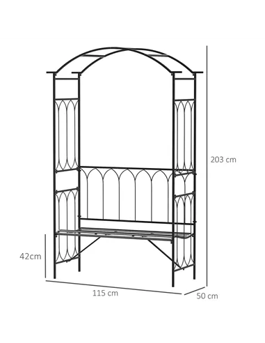 Outsunny Garden Metal Frame Bench W/Arch for Various Climbing Plant, 115Lx50Wx203H cm-Black