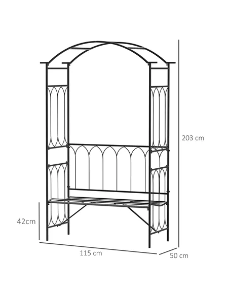 Outsunny Garden Metal Frame Bench W/Arch for Various Climbing Plant, 115Lx50Wx203H cm-Black