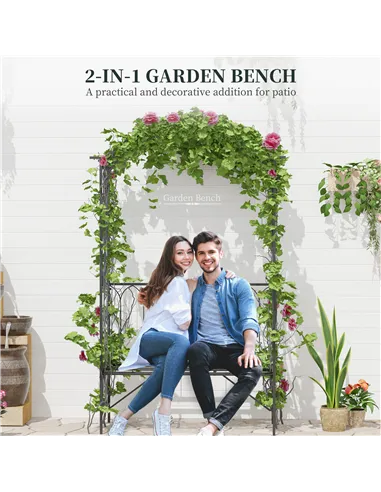 Outsunny Garden Metal Frame Bench W/Arch for Various Climbing Plant, 115Lx50Wx203H cm-Black