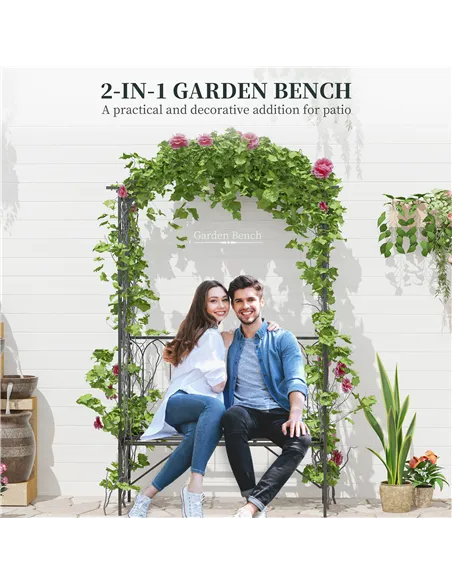 Outsunny Garden Metal Frame Bench W/Arch for Various Climbing Plant, 115Lx50Wx203H cm-Black
