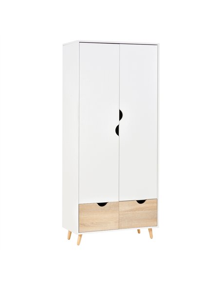 HOMCOM 2-Door Clothes Wardrobe w/ Rail Shelf 2 Drawers Wood Feet Elegant Home Storage Organisation Furniture Dresses Coats Blank