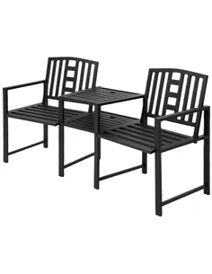 Outsunny 2 Seat Garden Chair Bench Loveseats Jack and Jill Seat w/Coffee Table Slatted Design Patio Yard