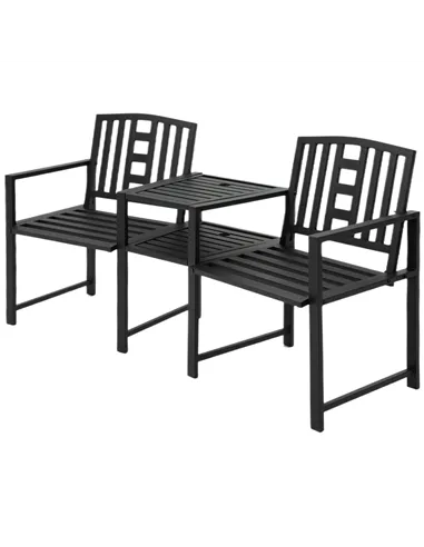 Outsunny 2 Seat Garden Chair Bench Loveseats Jack and Jill Seat w/Coffee Table Slatted Design Patio Yard
