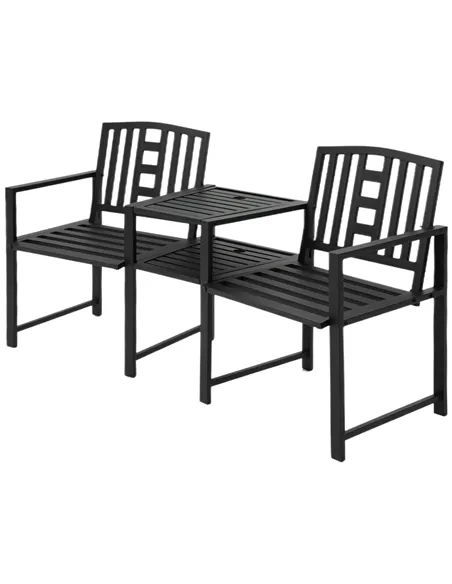 Outsunny 2 Seat Garden Chair Bench Loveseats Jack and Jill Seat w/Coffee Table Slatted Design Patio Yard