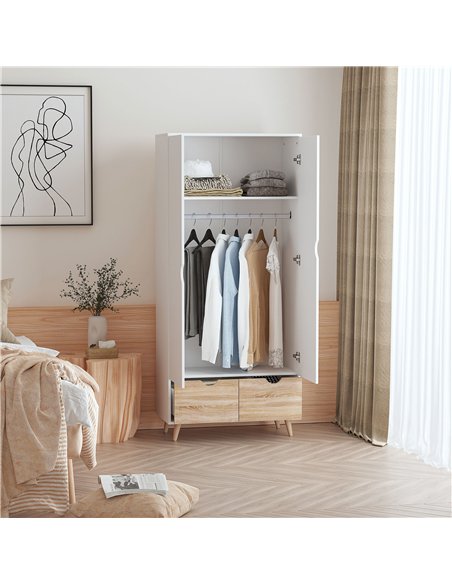 HOMCOM 2-Door Clothes Wardrobe w/ Rail Shelf 2 Drawers Wood Feet Elegant Home Storage Organisation Furniture Dresses Coats Blank