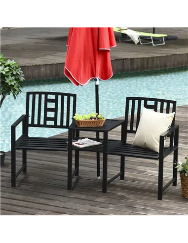 Outsunny 2 Seat Garden Chair Bench Loveseats Jack and Jill Seat w/Coffee Table Slatted Design Patio Yard