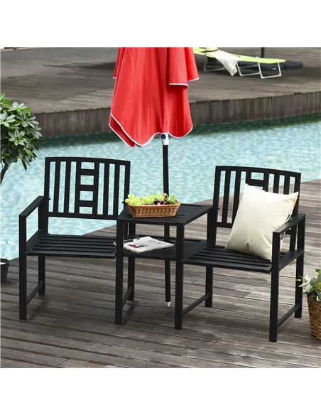 Outsunny 2 Seat Garden Chair Bench Loveseats Jack and Jill Seat w/Coffee Table Slatted Design Patio Yard