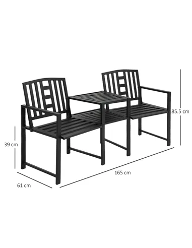 Outsunny 2 Seat Garden Chair Bench Loveseats Jack and Jill Seat w/Coffee Table Slatted Design Patio Yard