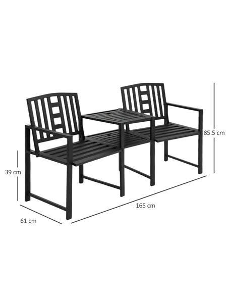 Outsunny 2 Seat Garden Chair Bench Loveseats Jack and Jill Seat w/Coffee Table Slatted Design Patio Yard