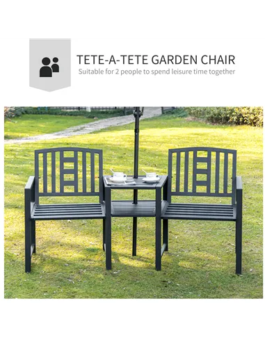 Outsunny 2 Seat Garden Chair Bench Loveseats Jack and Jill Seat w/Coffee Table Slatted Design Patio Yard