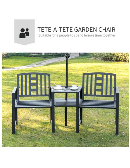 Outsunny 2 Seat Garden Chair Bench Loveseats Jack and Jill Seat w/Coffee Table Slatted Design Patio Yard