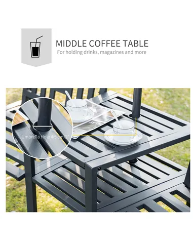 Outsunny 2 Seat Garden Chair Bench Loveseats Jack and Jill Seat w/Coffee Table Slatted Design Patio Yard