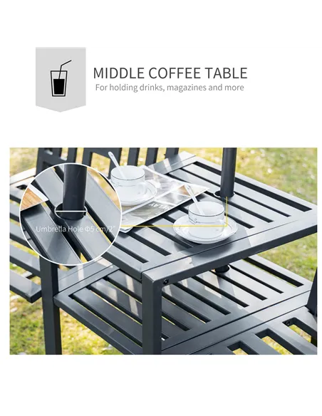 Outsunny 2 Seat Garden Chair Bench Loveseats Jack and Jill Seat w/Coffee Table Slatted Design Patio Yard