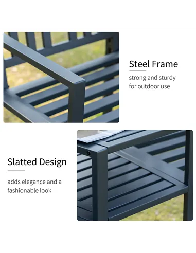 Outsunny 2 Seat Garden Chair Bench Loveseats Jack and Jill Seat w/Coffee Table Slatted Design Patio Yard